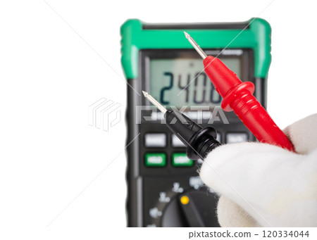 Digital Multimeter Probes in Gloved Hand Digital Multimeter Probes in Gloved Hand 120334044