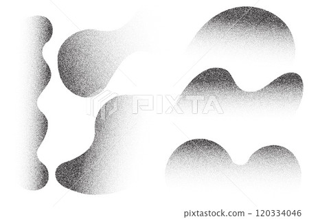 Dotted noisy gradient shapes. Grainy abstract spray paint wavy shadow on white background. Vector grunge halftone effect. Fluid dusty blobs. Dotted noisy gradient shapes. Grainy abstract spray paint wavy shadow on white background. Vector grunge halftone effect. Fluid dusty blobs. 120334046