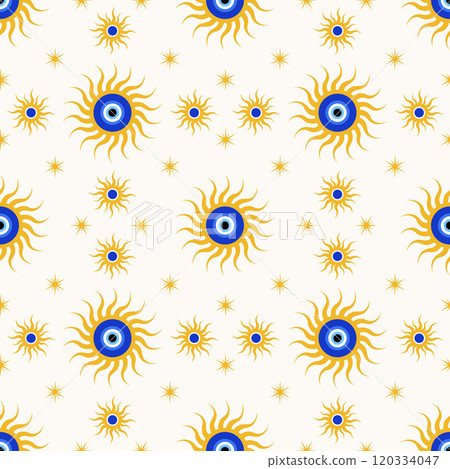 Evil eye seamless background. Blue magic greek bead pattern. Vector print with nazar amulet. Cute talisman - spiritual symbol of energy luck and protection. Ethnic mystic wallpaper Evil eye seamless background. Blue magic greek bead pattern. Vector print with nazar amulet. Cute talisman - spiritual symbol of energy luck and protection. Ethnic mystic wallpaper 120334047