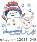 Snowman in knitted hat and cute rabbit 120334049