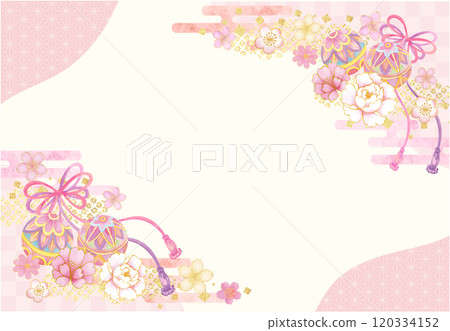 Watercolor Japanese pattern background with balls, strings and flowers 120334152