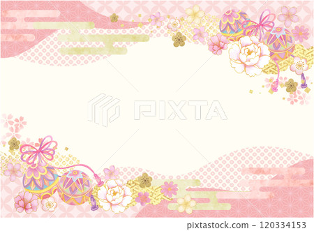 日本圖案背景，有球、繩子和水彩畫的花朵圖案 120334153