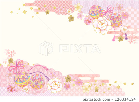Watercolor Japanese pattern background with balls, strings and flowers Watercolor Japanese pattern background with balls, strings and flowers 120334154