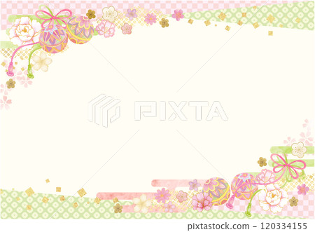Watercolor Japanese pattern background with balls, strings and flowers 120334155