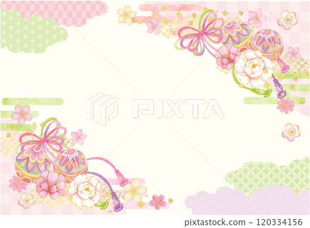 Watercolor Japanese pattern background with balls, strings and flowers 120334156