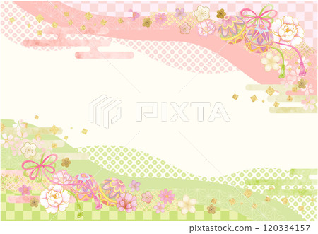 日本圖案背景,有球、繩子和水彩畫的花朵圖案 日本圖案背景,有球、繩子和水彩畫的花朵圖案 120334157