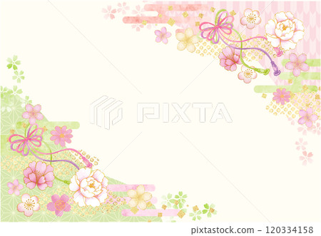 日本圖案背景，有球、繩子和水彩畫的花朵圖案 120334158