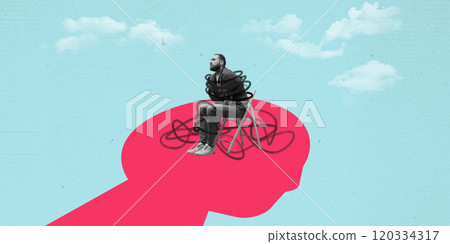 Seated man wrapped in chaotic lines, placed inside red silhouette of head, symbolizing mental and internal conflict. Contemporary art collage. Seated man wrapped in chaotic lines, placed inside red silhouette of head, symbolizing mental and internal conflict. Contemporary art collage. 120334317