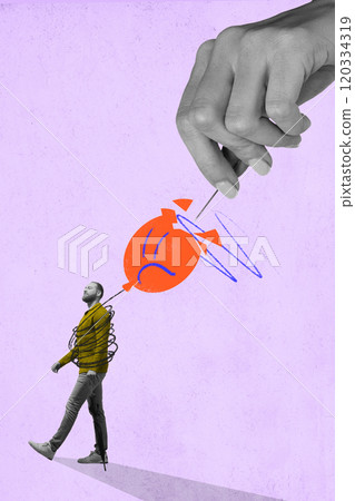 Man walking with balloon tied to his back, representing emotional weight and control. Contemporary art collage. 120334319