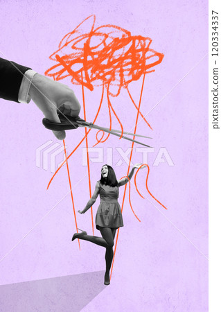 Woman joyfully standing as hand with scissors cuts strings of chaos behind her. Contemporary art collage. Freedom 120334337