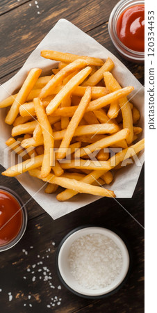 French fries. Pommes frites. Chips. French fries in a paper wrap with ketchup dip 120334453