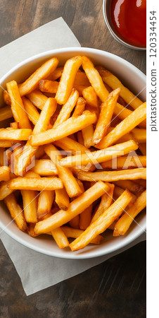 French fries. Pommes frites. Chips. French fries in a paper wrap with ketchup dip 120334454