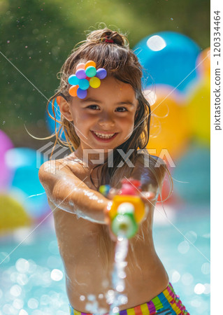 Little girl in pool shooting water gun. Summer time. Children having fun Little girl in pool shooting water gun. Summer time. Children having fun 120334464