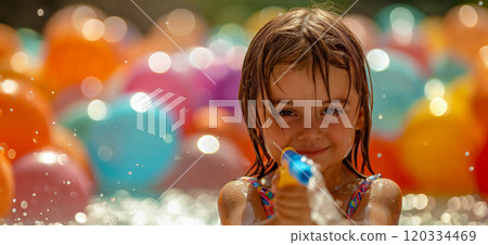 Little girl in pool shooting water gun. Summer time. Children having fun 120334469