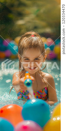 Little girl in pool shooting water gun. Summer time. Children having fun 120334470