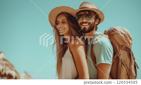 Couple is going on holiday. Young couple in love on a trip together 120334505