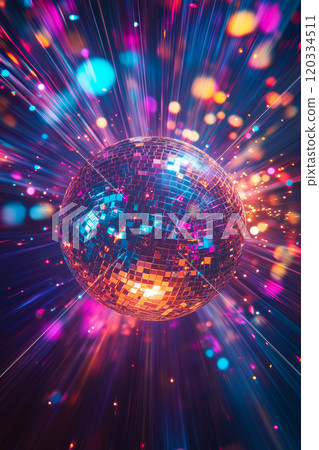 Disco ball. Party lights. Purple and blue shiny disco ball Disco ball. Party lights. Purple and blue shiny disco ball 120334511