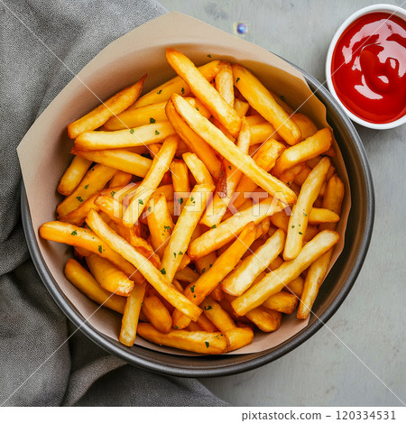 French fries. Pommes frites. Chips. French fries in a paper wrap with ketchup dip 120334531