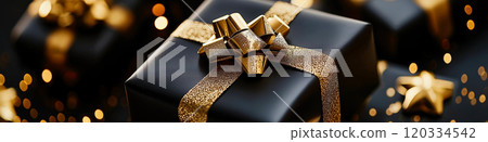 Luxury elegant black gift box with gold ribbon. Luxurious expensive gift 120334542
