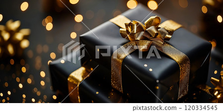 Luxury elegant black gift box with gold ribbon. Luxurious expensive gift 120334545