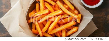 French fries. Pommes frites. Chips. French fries in a paper wrap with ketchup dip French fries. Pommes frites. Chips. French fries in a paper wrap with ketchup dip 120334635