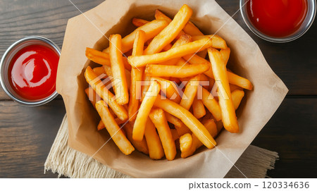 French fries. Pommes frites. Chips. French fries in a paper wrap with ketchup dip 120334636