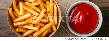 French fries. Pommes frites. Chips. French fries in a paper wrap with ketchup dip 120334637