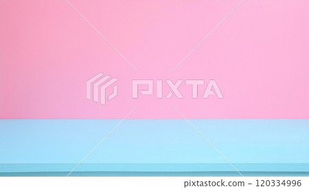 Pink wall and light blue table background Pink wall and light blue table background 120334996