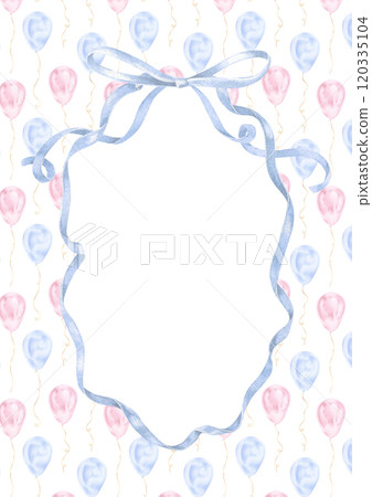 A cute pastel blue card for a boy, with watercolor bows and an oval wreath. Hand drawn design provides space for a personalized greeting, ideal for birthdays, newborn announcements, or baby showers 120335104