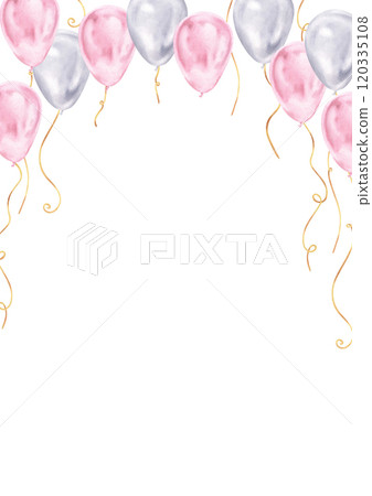 Pink balloons on a white background, perfect for a baby shower or first birthday. This hand drawn watercolor card template offers ample space for invitations or greeting text. Festive pastel tones 120335108