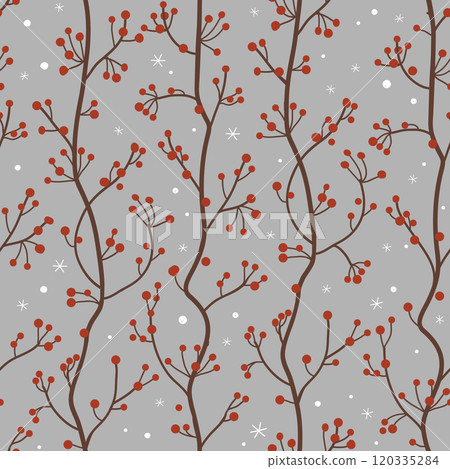 Seamless pattern with red berries branches and snowflakes. Winter background, vector illustration 120335284