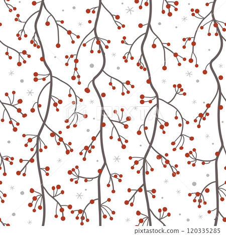Seamless pattern with red berries branches and snowflakes. Winter background, vector illustration Seamless pattern with red berries branches and snowflakes. Winter background, vector illustration 120335285