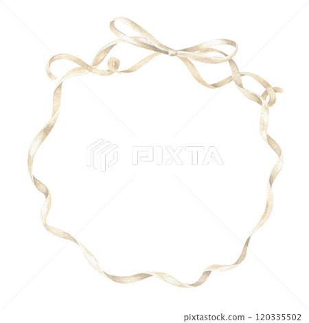Watercolor ribbon frame with a delicate beige circle design. Hand drawn in a vintage style, perfect for elegant wedding invitations or cards. Soft satin bow adds a graceful touch to the template Watercolor ribbon frame with a delicate beige circle design. Hand drawn in a vintage style, perfect for elegant wedding invitations or cards. Soft satin bow adds a graceful touch to the template 120335502