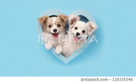 Two happy puppies peeking out from hole of heart shape isolated on blue background. Copy space. Generative AI 120335546