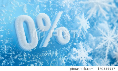 White sign of zero percent at frozen blue snow background with snowflakes. 0 percentage interest rate. Generative AI 120335547