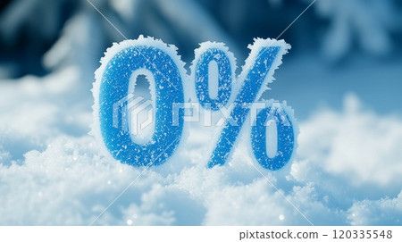 Blue sign of zero percent at winter snow. Generative AI 120335548
