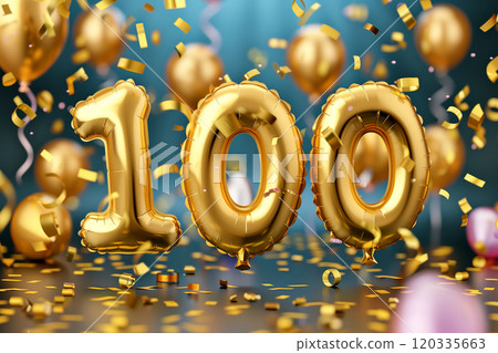 Helium golden balloons in shape of number 100. Birthday jubilee party or business anniversary for one hundred years celebration. 100 followers or likes in social media. Generative AI 120335663