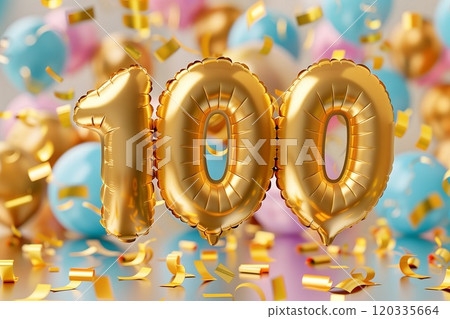 Helium golden balloons in shape of number 100. Birthday jubilee party or business anniversary for one hundred years celebration. 100 followers or likes in social media. pastel blue and pink. AI 120335664