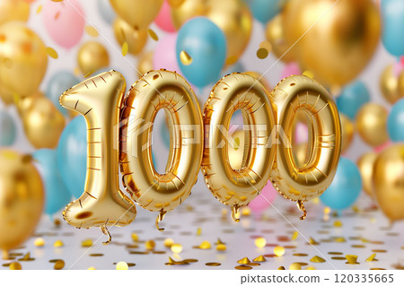 Helium flying golden balloons of number 1000 on festive gold confetti background. Celebration of one thousand followers or likes in social media concept. Generative AI 120335665