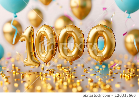 Helium flying golden balloons of number 1000 on festive confetti background. Celebration of one thousand followers or likes in social media concept. Generative AI 120335666