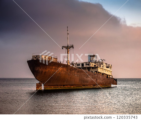 broken ship near Lanzarote coast 120335743