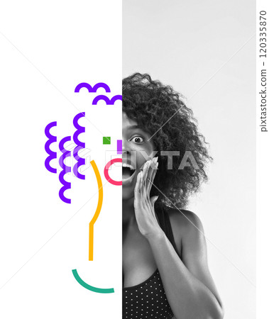 Half-portrait of shocked happy woman, with one side artistically replaced by colorful geometric lines and patterns. Creative conceptual art collage. 120335870