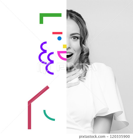 Vibrant half-portrait of surprised smiling woman with half of her face in colorful geometric lines and shapes. Creative conceptual art collage. 120335900