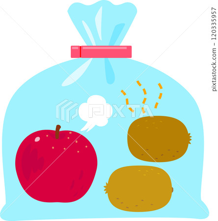 蘋果和獼猴桃裝在一個塑膠袋裡,正在成熟 蘋果和獼猴桃裝在一個塑膠袋裡,正在成熟 120335957