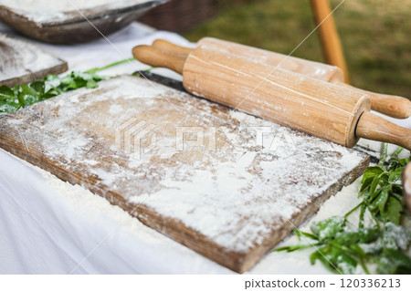 wooden board and rolling-pin 120336213