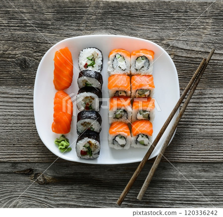 various sushi on white plate 120336242