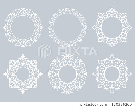 Set of decorative frames Elegant vector element for design in Eastern style, place for text. Floral gray and white borders. Lace illustration for invitations and greeting cards Set of decorative frames Elegant vector element for design in Eastern style, place for text. Floral gray and white borders. Lace illustration for invitations and greeting cards 120336269