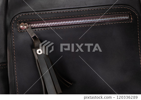 Zipper on Leather Brown Vintage Backpack Close-Up. Zipper on Leather Brown Vintage Backpack Close-Up. 120336289