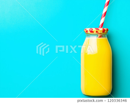 Vibrant yellow juice in a bottle with a striped red straw against a bright turquoise background 120336346