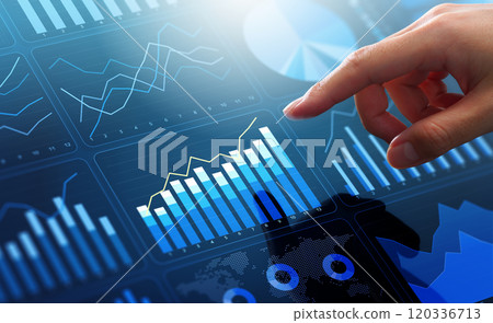 Marketing analytics and customer statistics. Analyst touching KPI graphs on dashboard. 120336713
